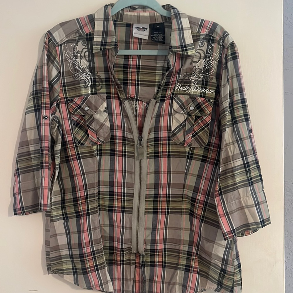 Harley-Davidson Plaid Button Down Shirt - Pink, Black, Gray